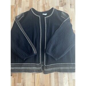 Pure Jill Open Front Embroidered Cardigan 100% Cotton Crinkle Black 2X